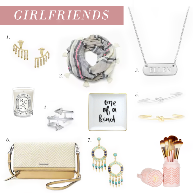 Show your best gal some love with a customizable necklace! Nothing says "I love you" more than this elevated take on the old school BFF necklace and a matching ring to finish the look. 1. ANNEX EAR JACKET 2. EMBARCADERO INFINITY SCARF 3. SIGNATURE ENGRAVABLE BAR NECKLACE 4. WINDING ARROW RING 5. SIMPLE KNOT CUFF 6. WAVERLY PETITE - NEUTRAL WOVEN CHEVRON 7. KATELYN CHANDELIERS