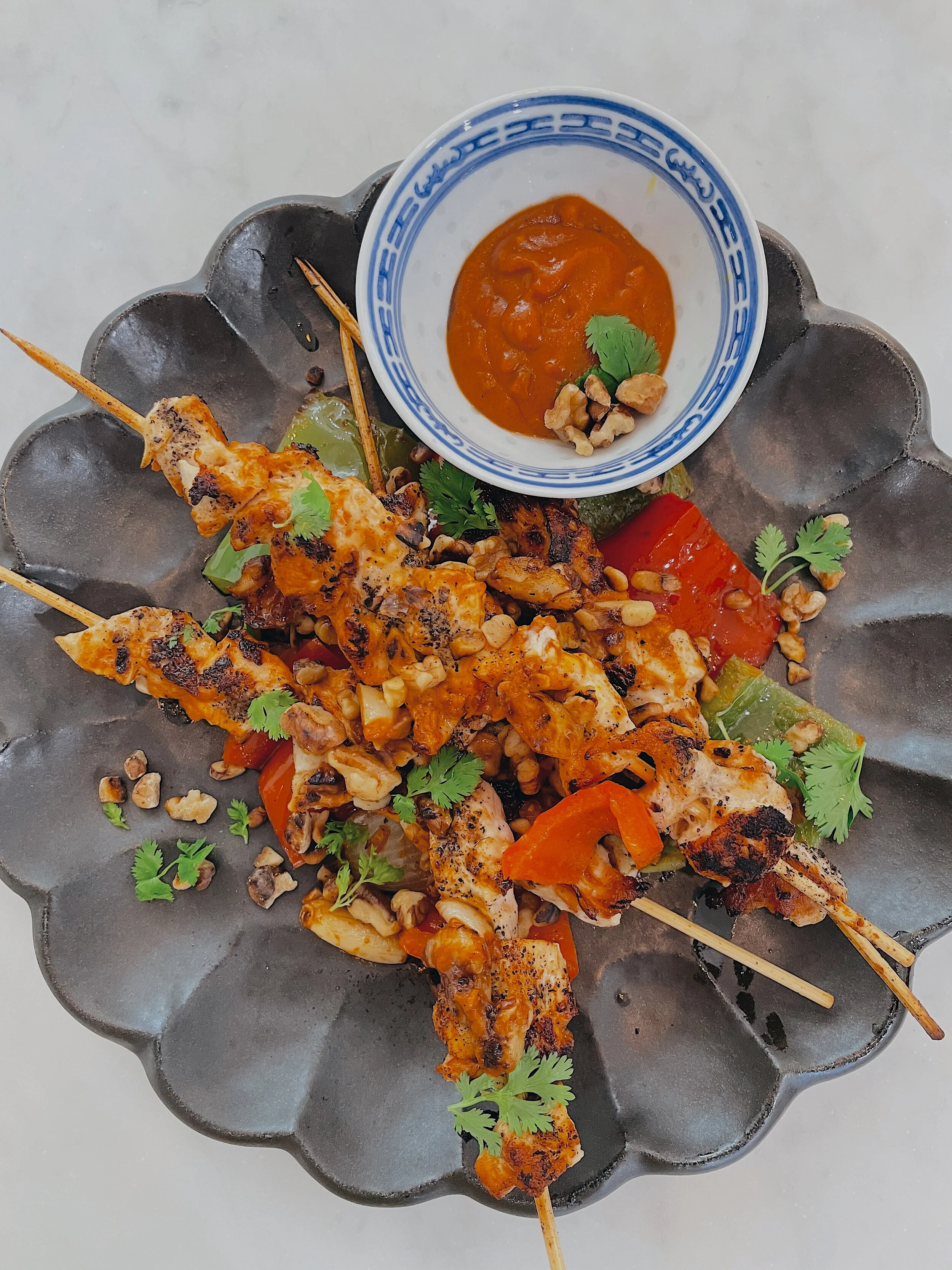 Spicy-Garlic Walnut Satay Skewers + Wine Pairing