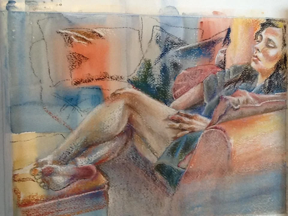 NORA IN A ROBE - Original Pastel Over Watercolor 11 x 14 on Paper - Unframed and For Sale