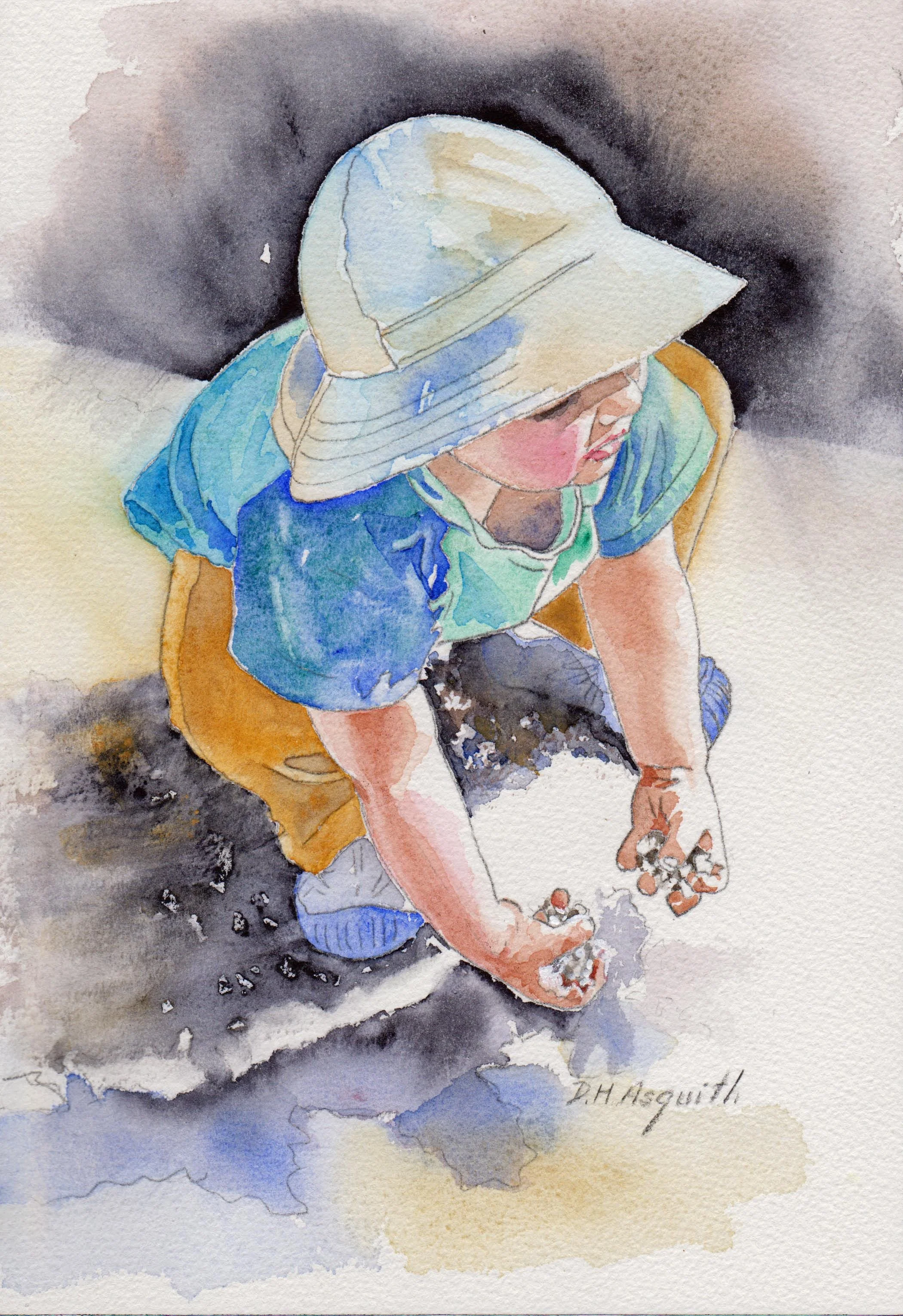 SOLD - FISTS FULL OF PEBBLES -  Original Watercolor on Paper 7 x 10" - Prints Available on Request