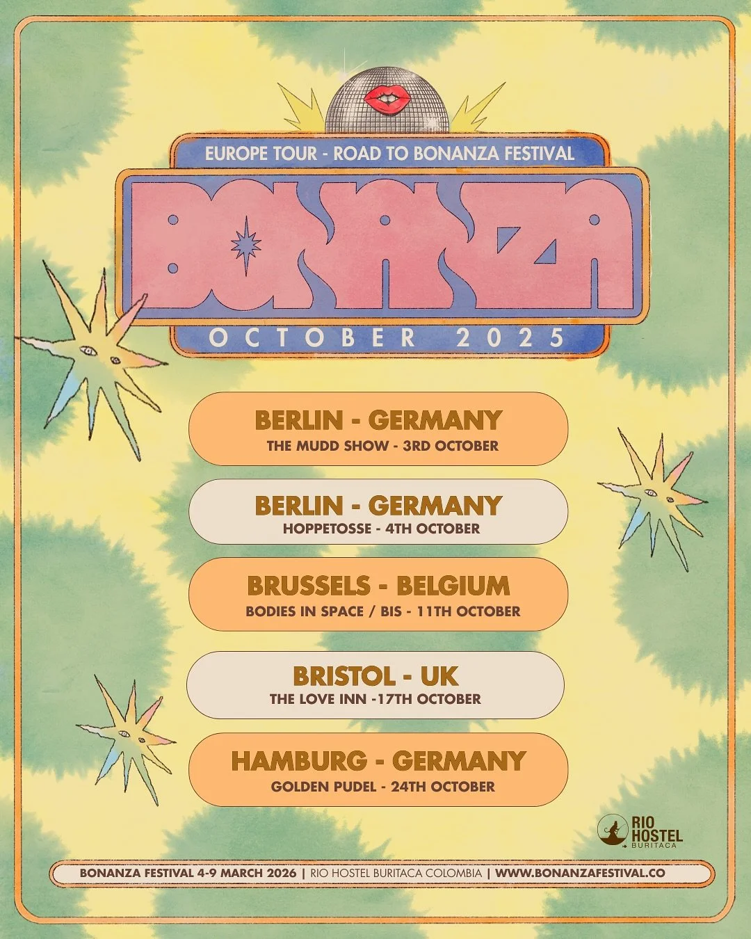 We&rsquo;re taking the show on the road this October. 

Taking place at some extra tasty venues in Europe, catch some Bonanza friends and residents playing at a venue near you! 

See you on the D-floor xoxo

_

📅 March 04-09, 2026 📍 Rio Hostel Buri
