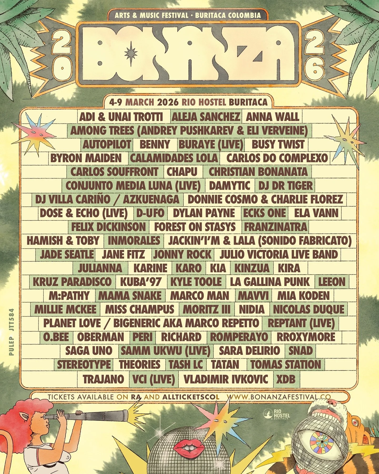 Here you have it, the Bonanza 2026 complete lineup in all its glory. 🪅

We hope you can make it to our riverside retreat for our annual gathering. 

See you very soon xx

📅 March 04-09, 2026
📍 Rio Hostel Buritaca, Colombia
🌐 www.bonanzafestival.c
