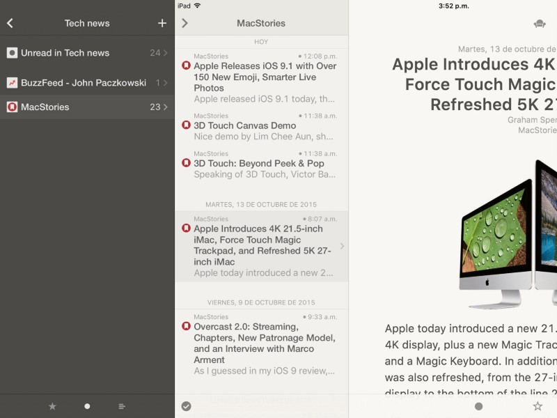 Reeder en el iPad. Lo que me falta por leer en “Tech news”. Me cogió la noche con MacStories…