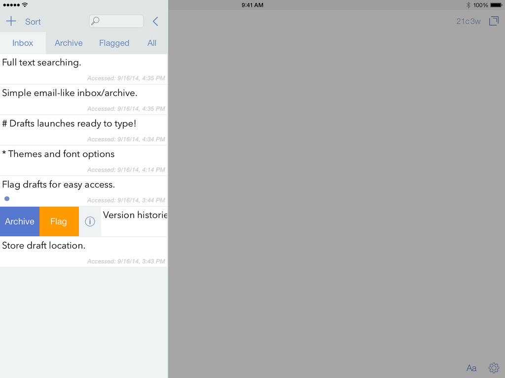 Asi es Drafts en el iPad. Imágen tomada de agiletortoise.com/drafts/