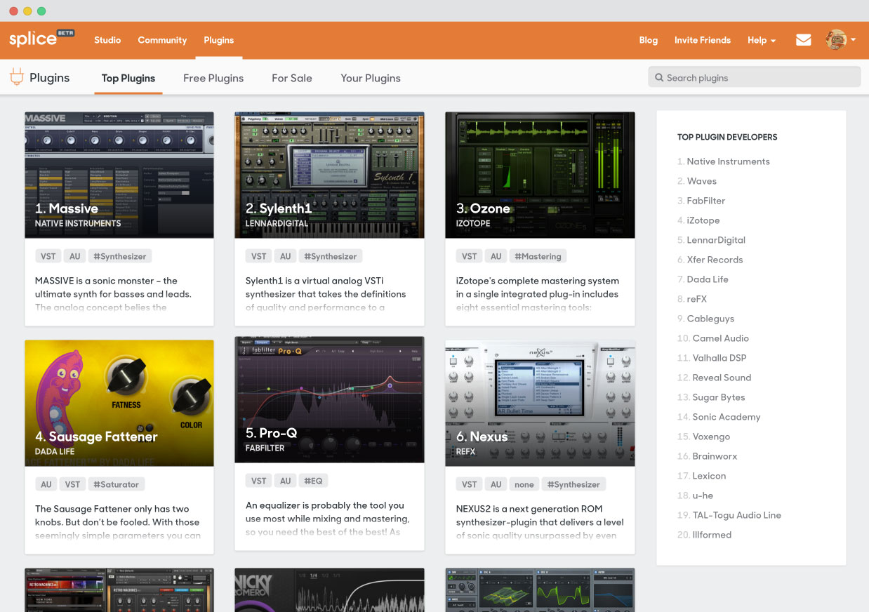 La base de datos de plug-ins (VST/AU) de Splice