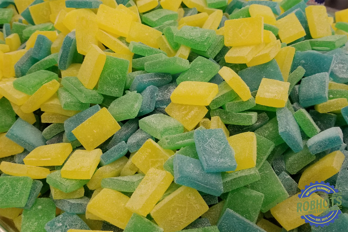 A full tray of our recreational Fruits gummies, which is made up of Banana, Blueberry, and Green Apple gummies. Each piece is 10mg with ten pieces in each pack.