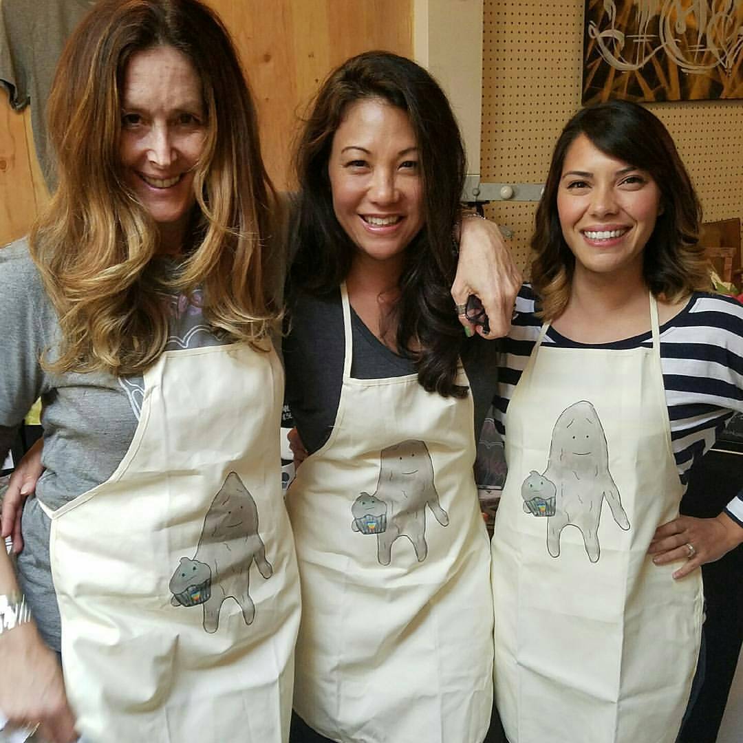 Val Nanea and Jessica in the custom aprons S&amp;C made to commemorate the DSC/S&amp;C partnership.