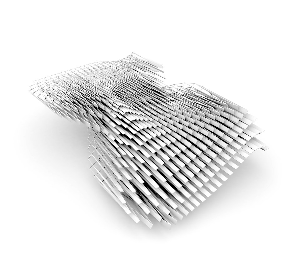 objective: investigate the fabrication of digital structures through the use of rapid prototyping and computer-aided manufacturing technologies, which offer the production of building components directly from 3D digital models. Pluripotent design strategies were developed to create a nonlinear and open ended model using Grasshopper as a tool. This new script controlled direction, density, and thickness of a set of points within a grid. Through formal and material testing, a ring system of components were developed and laser cut. Using a notching technique, each ring fit into it’s adjacent ring allowing the system to grow.