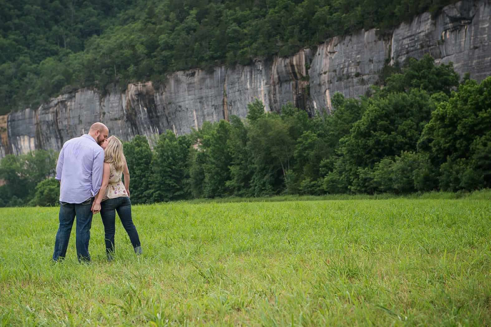 Couple kisses in a meadow by the Buffalo River