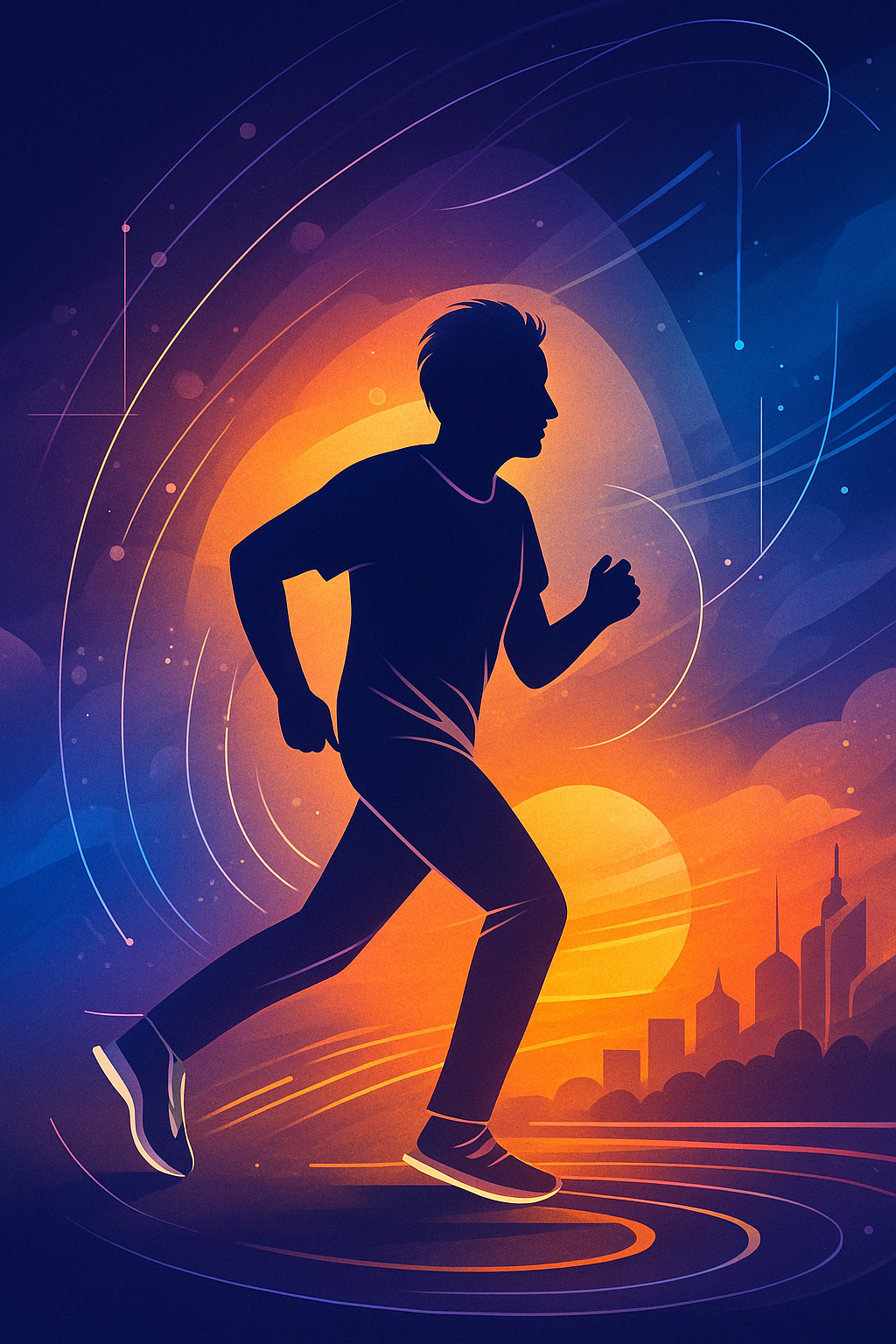 “Abstract illustration of active aging with a silhouette of an older adult jogging against a dynamic, futuristic background.”