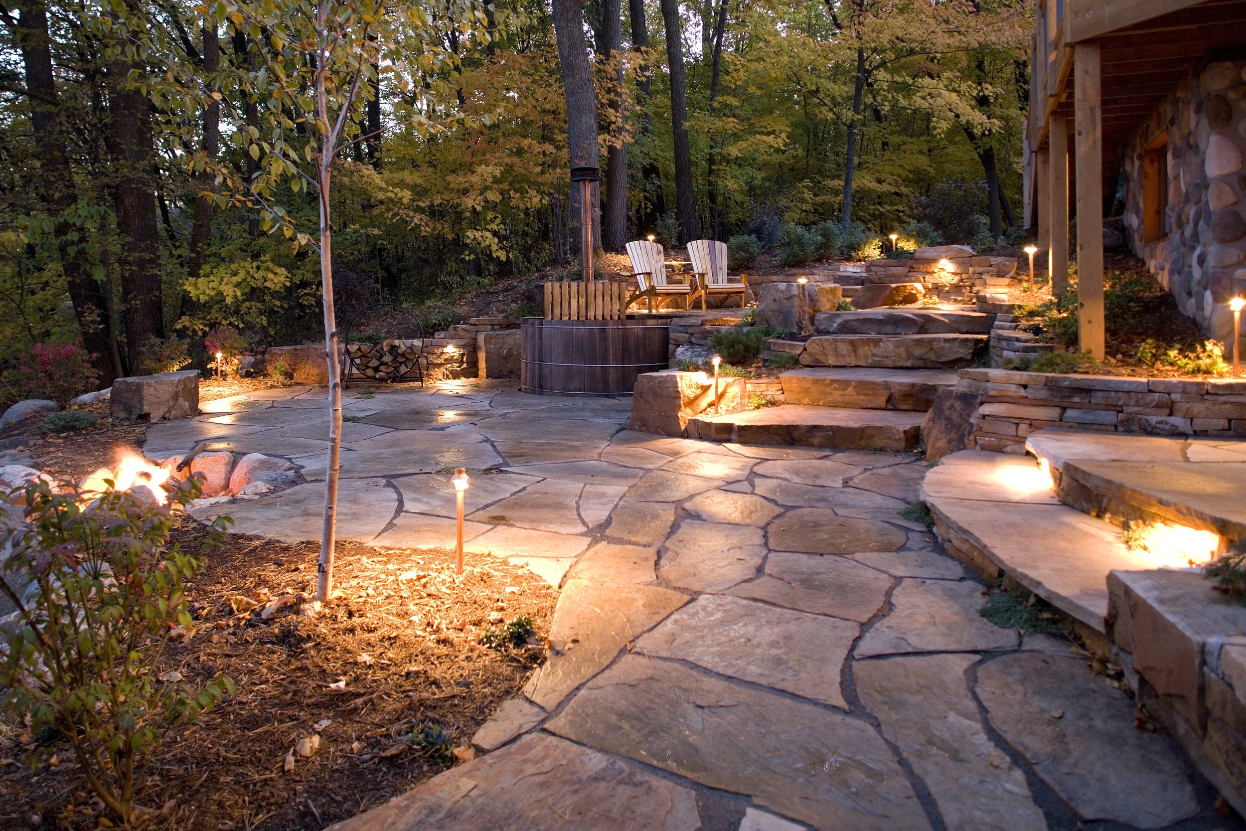 night lighting on flagstone patio