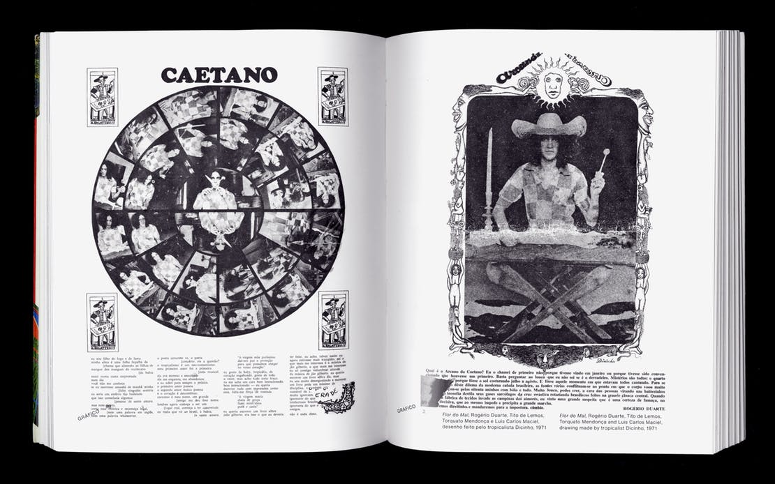 Spread from Rogério Duarte, Marginália 1. Left and right: Rogério Duarte, Tito de Lemon, Torquato Mendoca and Luis Carlos Maciel, drawing made by tropicalist Dicinho, Flor do Mal, 1971