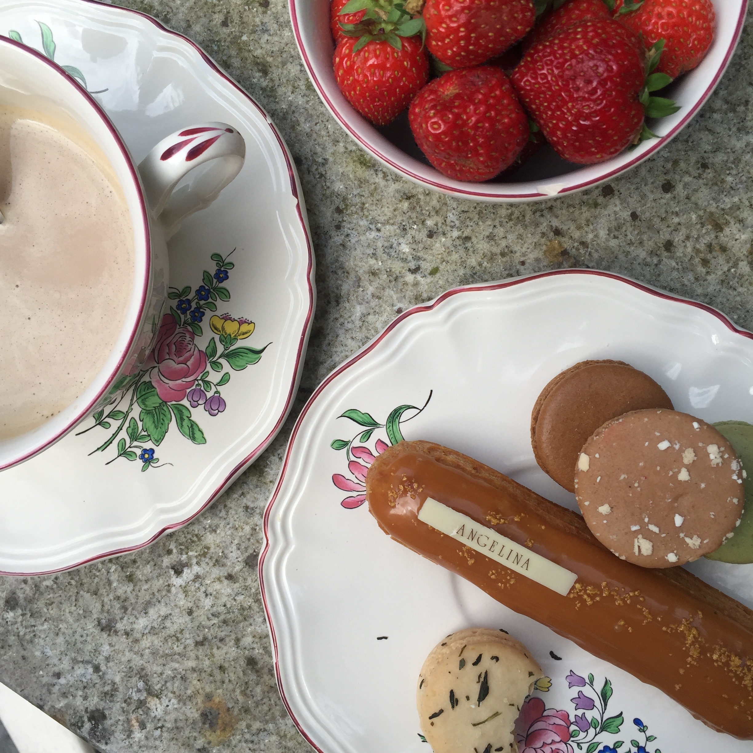 Ivy's Earl grey, chocolate, pistachio, and espresso macarons and Eve's caramel éclair!