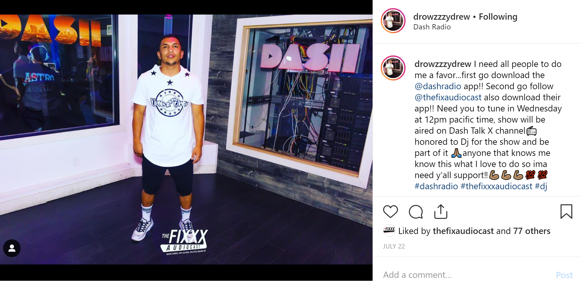 DJ Drowzzzy Drew rocking his signature merchandise at Dash Radio in Hollywood. Picture by Dumisani Maraire Jr. for VlogPics.com and used courtesy of @drowzzzeydrew on instagram.