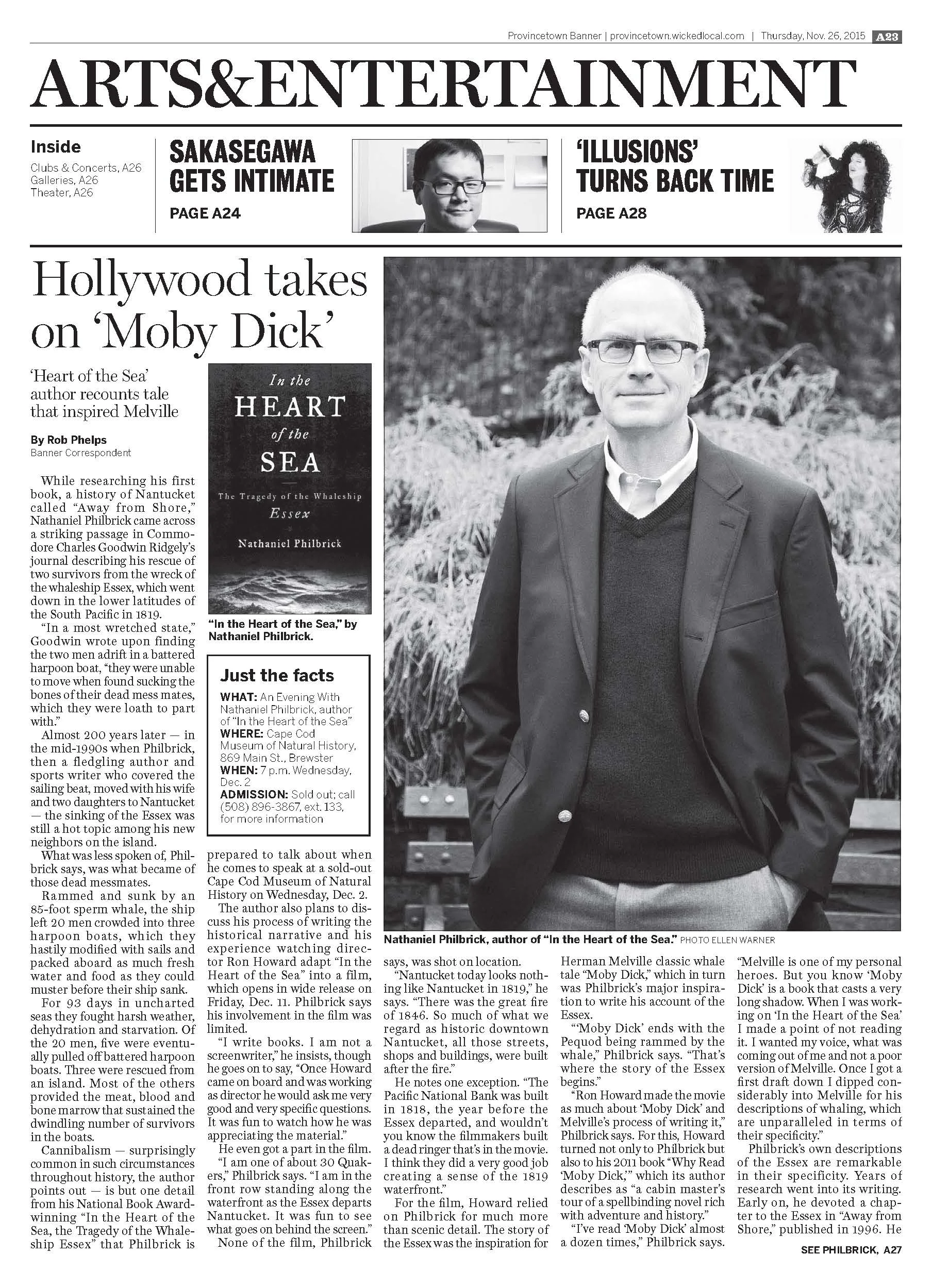Author Interview / Book Review Nathaniel Philbrook, author, "In the Heart of the Sea," Provincetown Banner, November 26, 2015.
