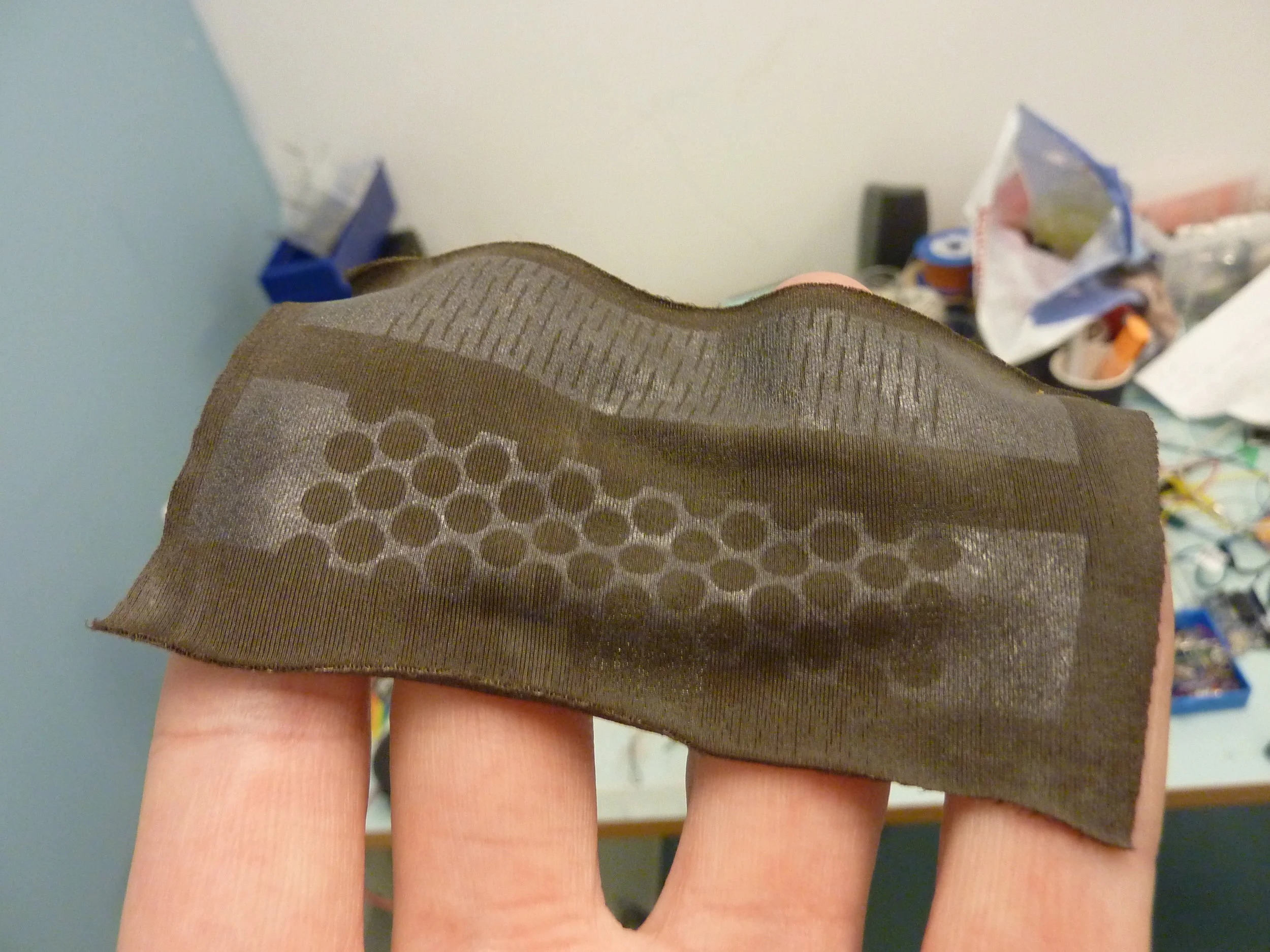  Starting with a fully metallic coated fabric it is possible to use etch away areas of the metal and create stretch sensors. 