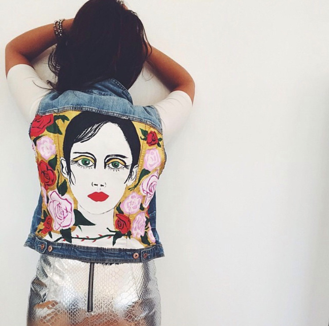 One of a kind. Girls and roses. Acrylic on H&M jean jacket vest.