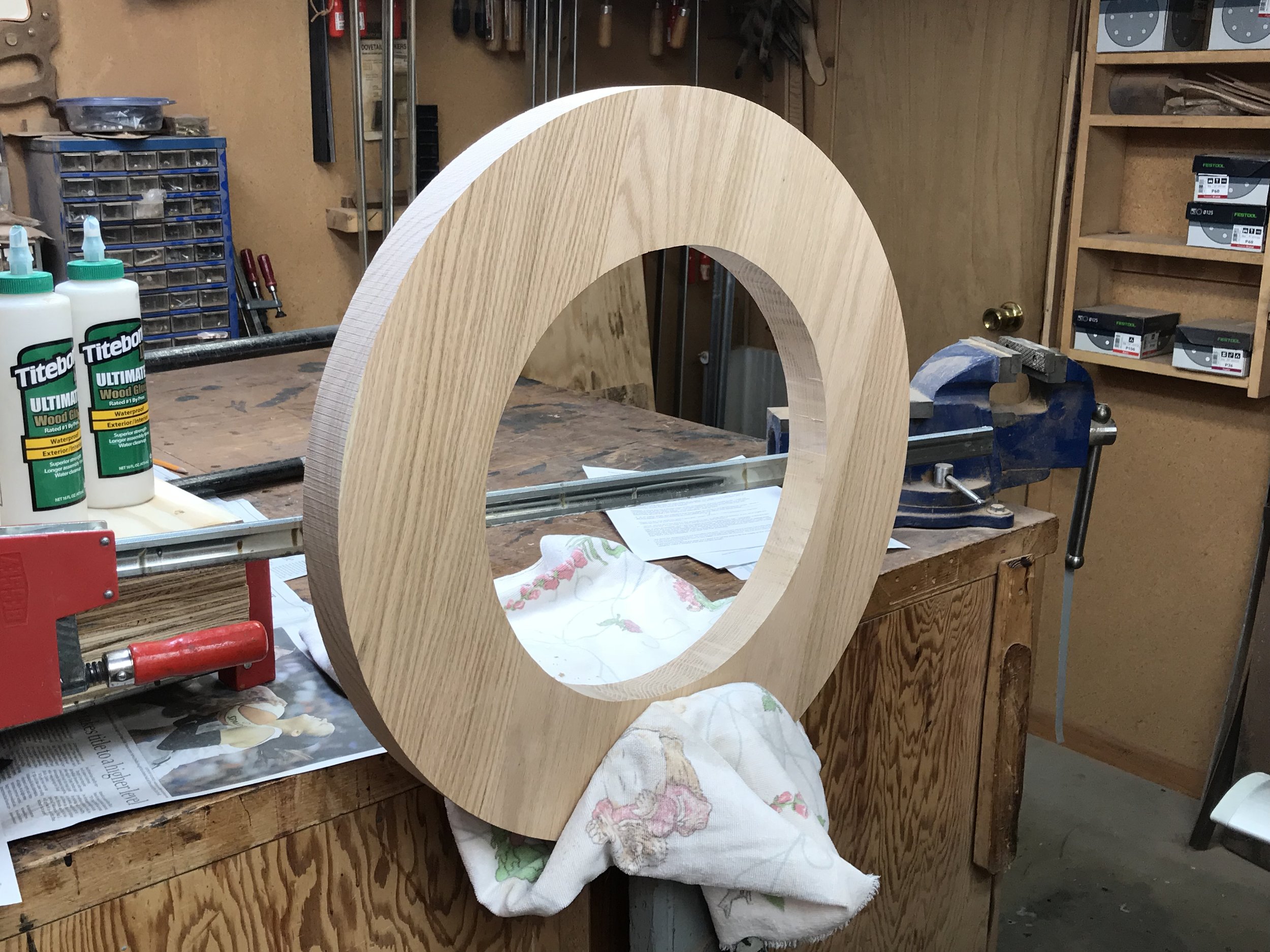 This is the top “ring,” employed for the candle sockets and candles (built from 8/4 red oak stock.