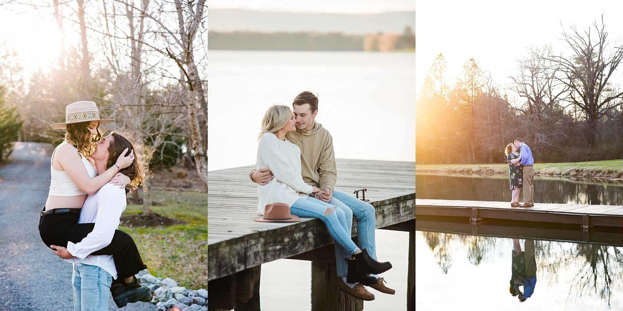 engaged couples posing for photos at lake and dirt gravel road