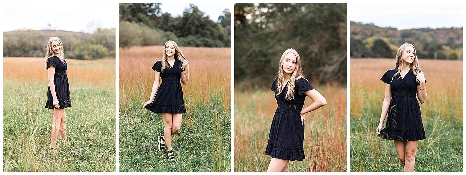 senior girl wearing a black dress for photos at Fletcher Park in Cleveland, TN