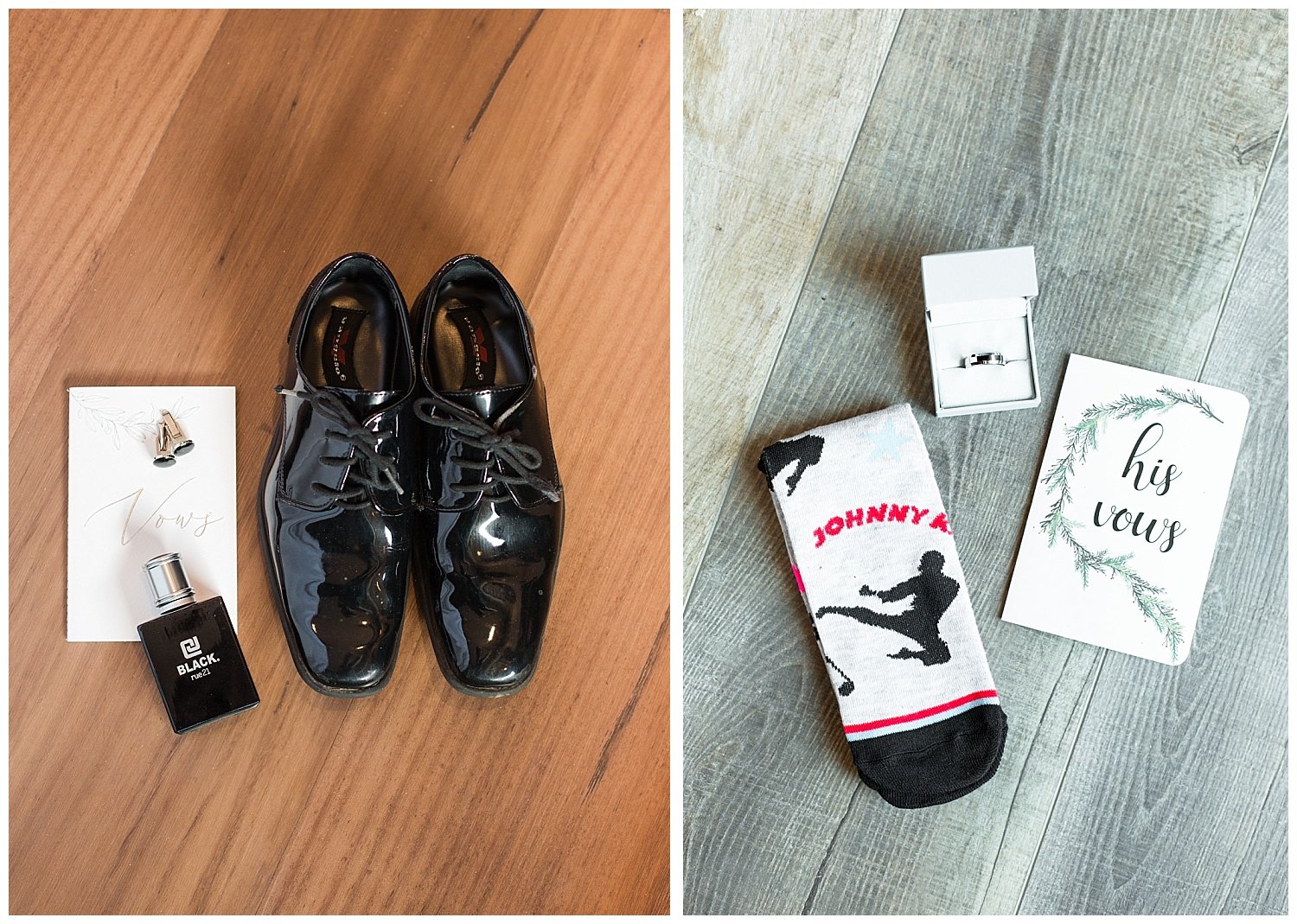 details of groom shoes and cologne at wedding at Howe Farms wedding venue
