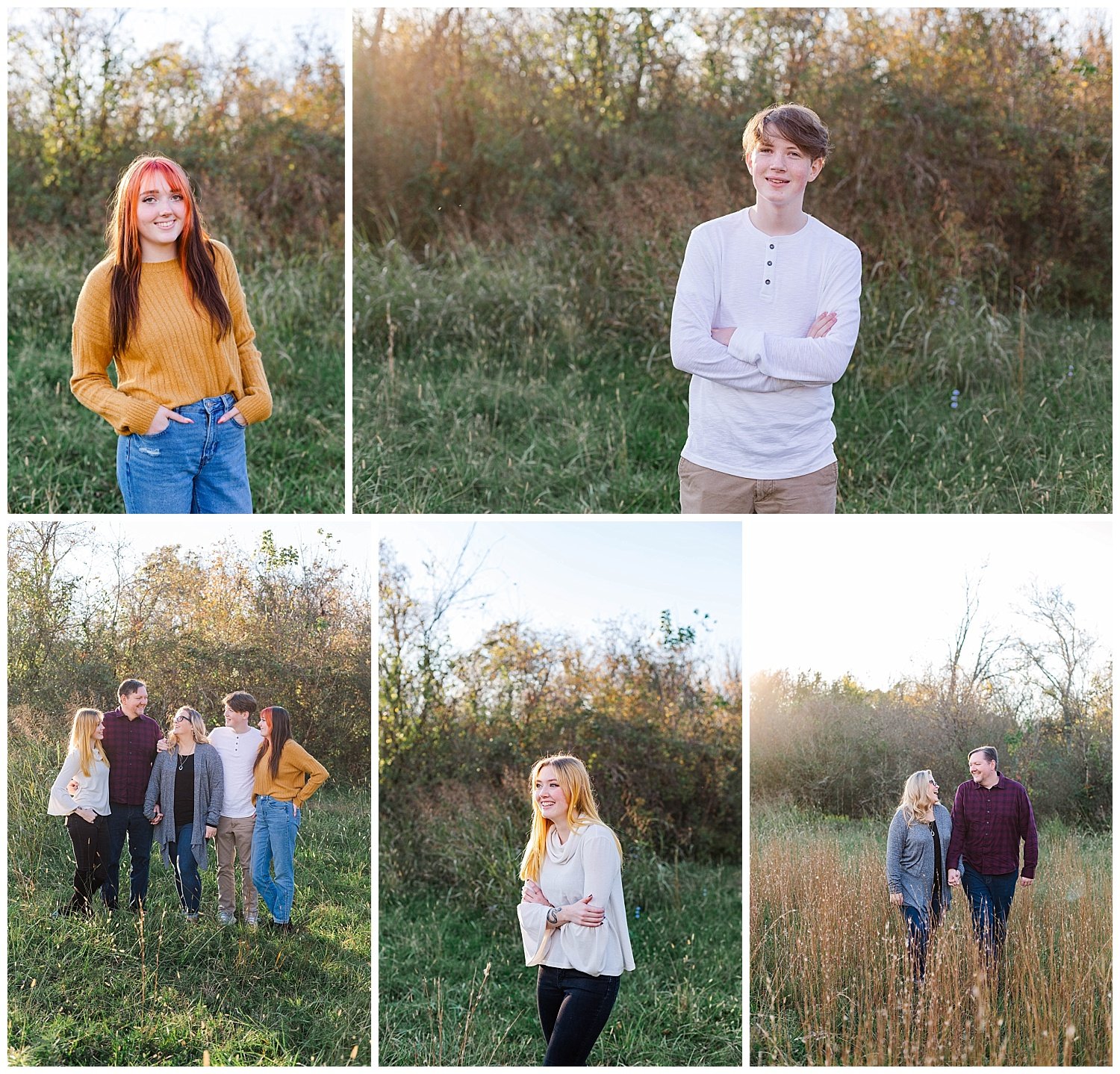 family posing for fall photos in a field