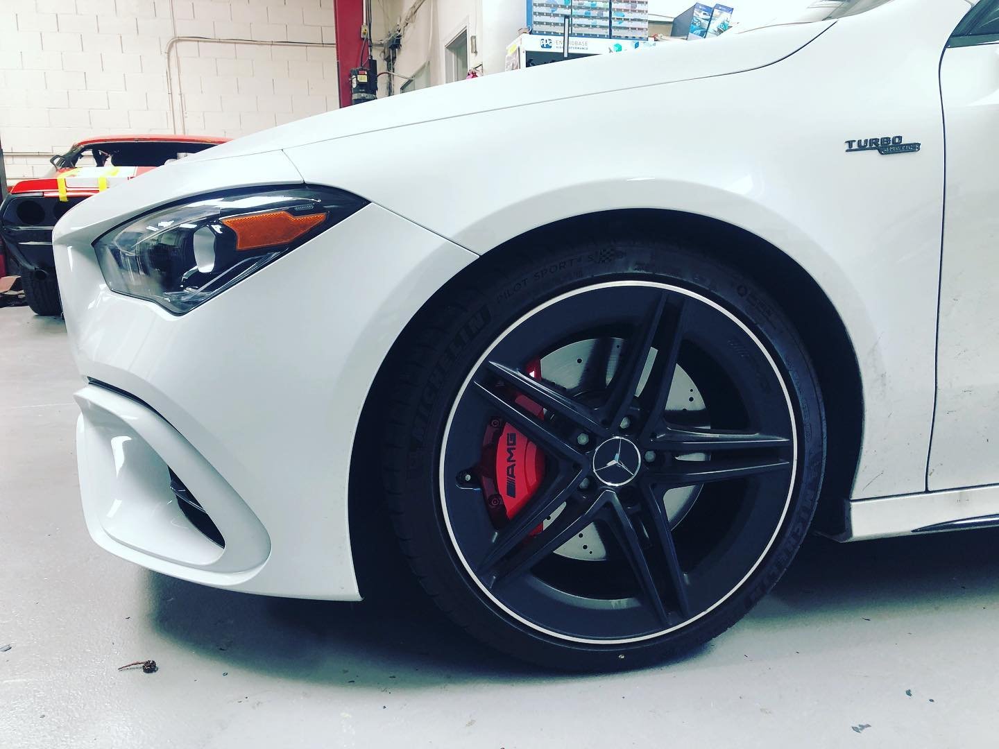 Mercedes Benz C118 CLA45 AMG. Calipers coated AMG Red. Decal Scripts created in-house. #masterautocraft #amg #amgperformance #mercedes #mercedesbenz #mercedesamg