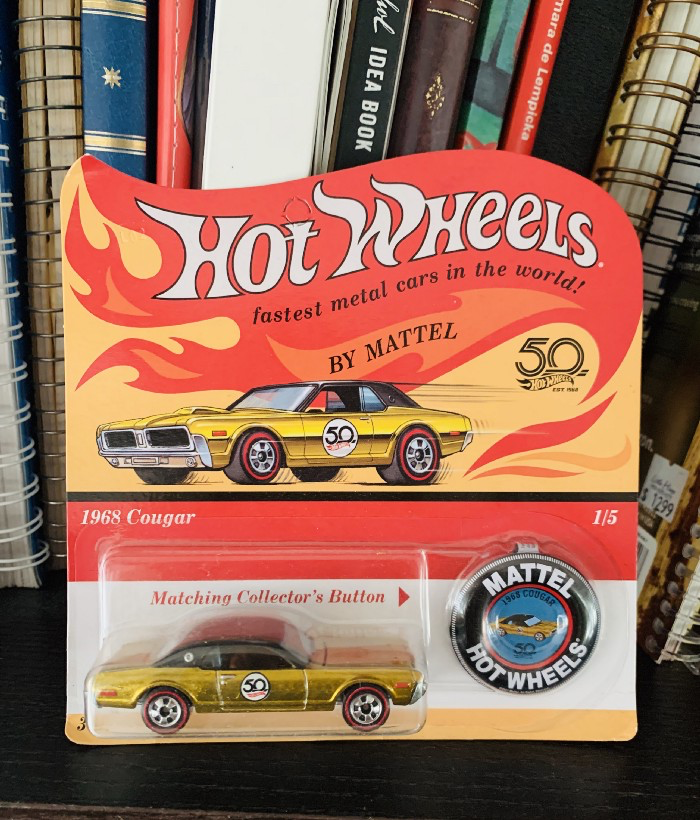 1968 Cougar — 50th Anniversary Edition — Hot Wheels which sits on in a place of pride on my bookshelf