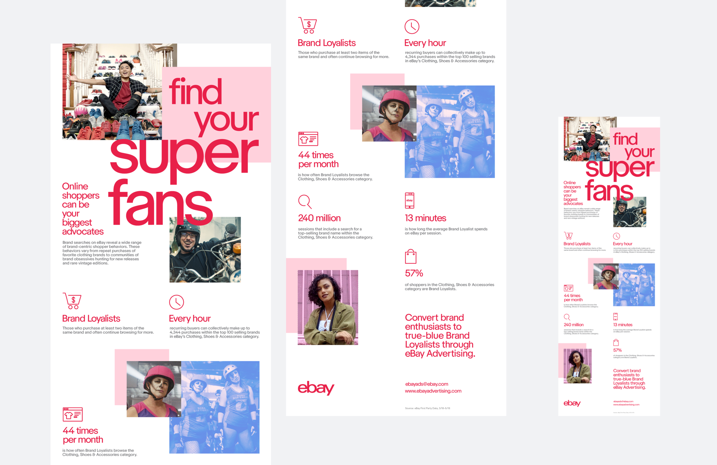 I work with Feed to execute eBay’s brand refresh, Fill Your Cart With Color. Working directly with the eBay Advertising team, I design marketing emails, landing pages, case studies, infographics, environmental design, display and printed material.