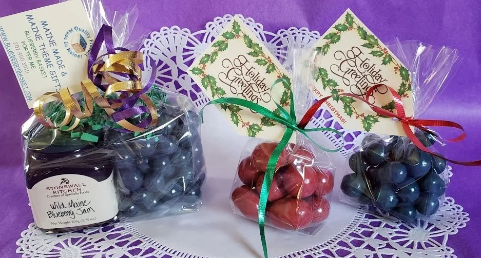 Christmas ideas! 3.75 oz Blueberry Jam with 4 oz Blueberry Chocolates & 2 oz bags- shown- or larger Blueberries and Cranberries with Holiday tag