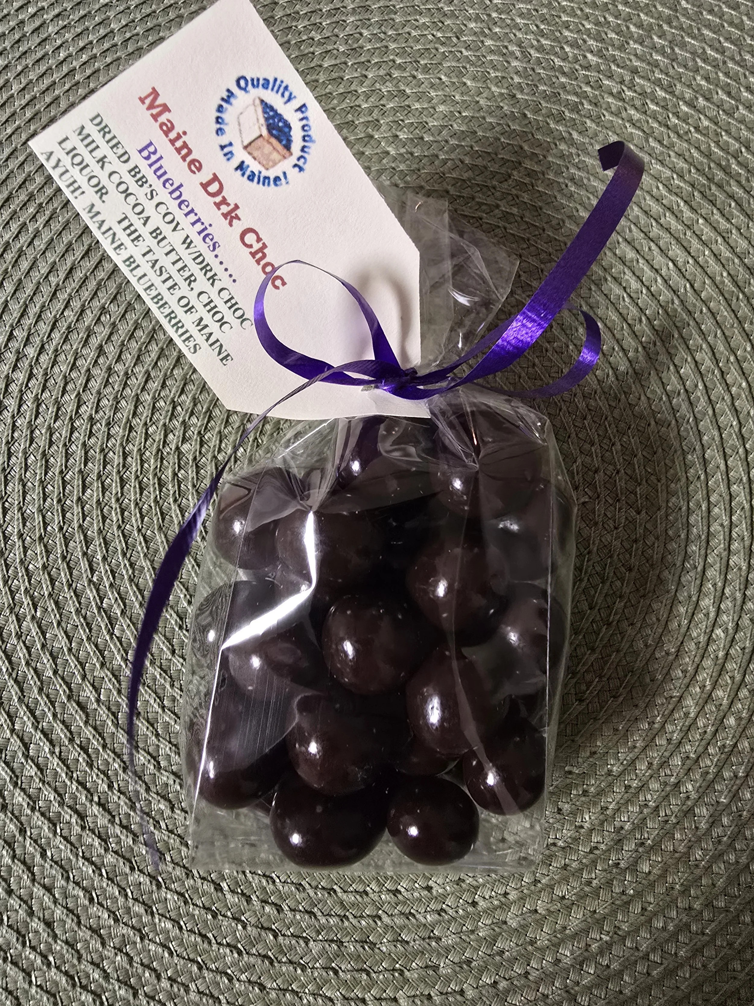 Maine dark chocolate covered blueberries in cello bag.jpeg