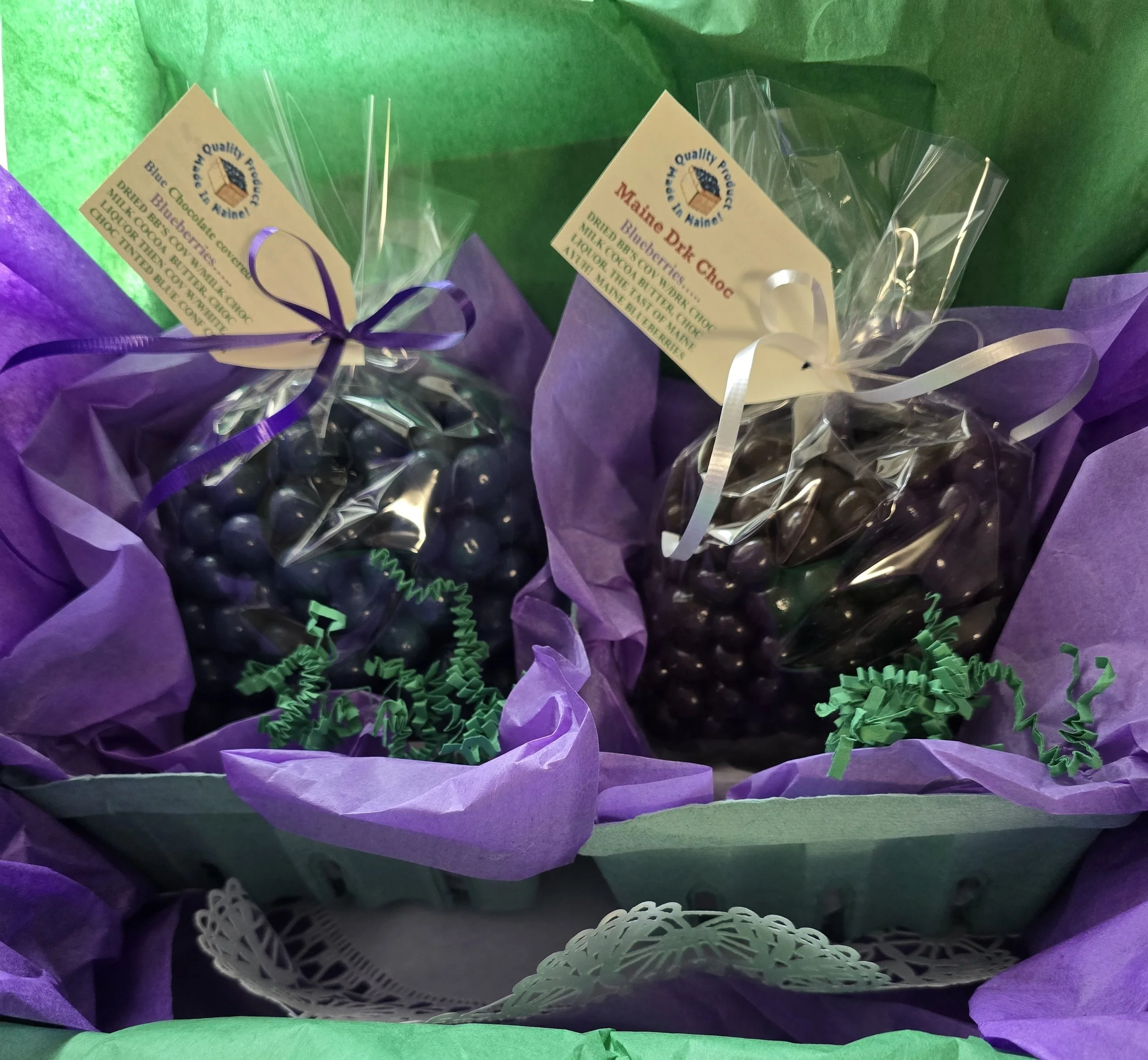 Maine Blueberry blue and dark chocolate covered blueberries in green fiber basket 2 in shipping box 2026.jpeg