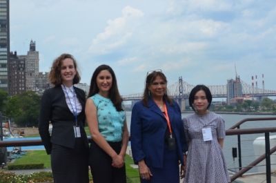 Global Voices 2016 UN ECOSOC High-level Political Forum delegates meet with Sonia Smallacombe. Ms. Smallacombe currently works as a Social Affairs Officer with the Secretariat of the United Nations Permanent Forum on Indigenous Issues and is based in New York. (L-R) Riley McAuliffe (Global Voices Environment & Sustainability Program Manager), Amy Plant (Central Queensland University), Ms Smallacombe and Chau Nguyen (Swinburne).
