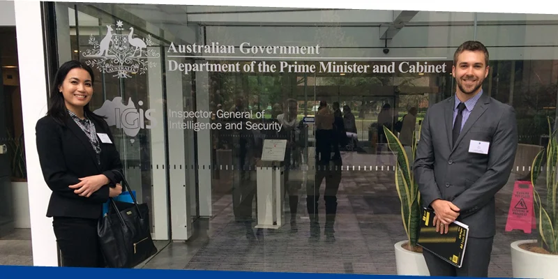 Kyle Reeve and Almira De Vera in Canberra for pre departure sessions, as pictured in UniSA news.
