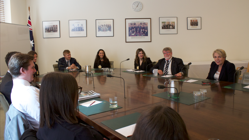 discussing women's economic empowerment with tanya pliberseck and Harry Jenkins AO at Parliament House