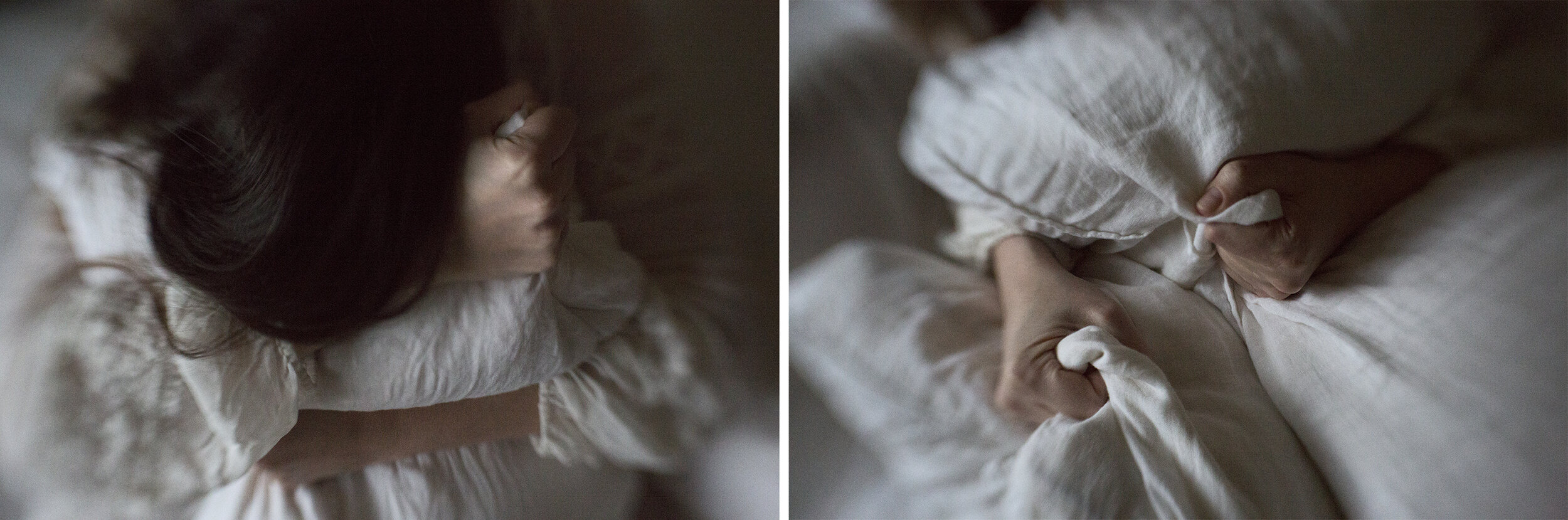 The bridge to a waking reality is dark and languorous. Heart pounding, temples sweating, frantic movements desperately combing through the darkness, unsure of what she might find deep within her bedsheets. Releasing clenched fists, she opens her eye