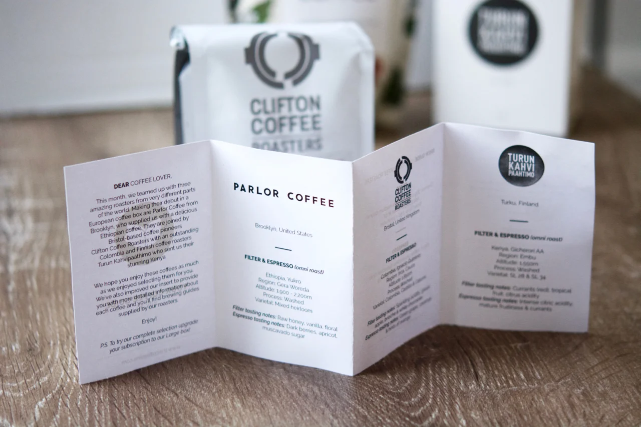 You get a little coffee guide booklet in your box explaining the coffees and brew methods. 