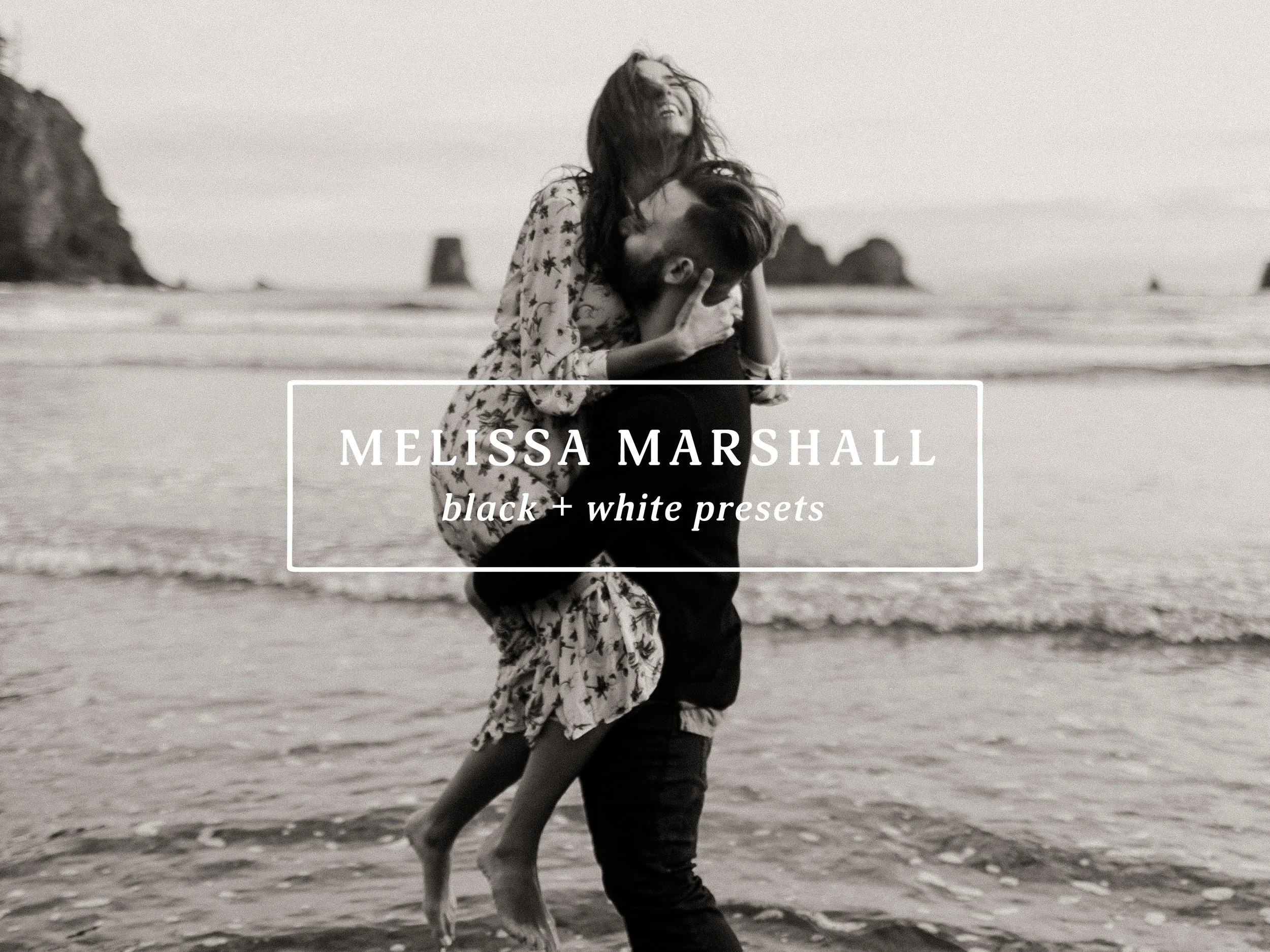 Moody black-and-white wedding image edited with a Melissa Marshall Lightroom preset for dramatic tone and texture.
