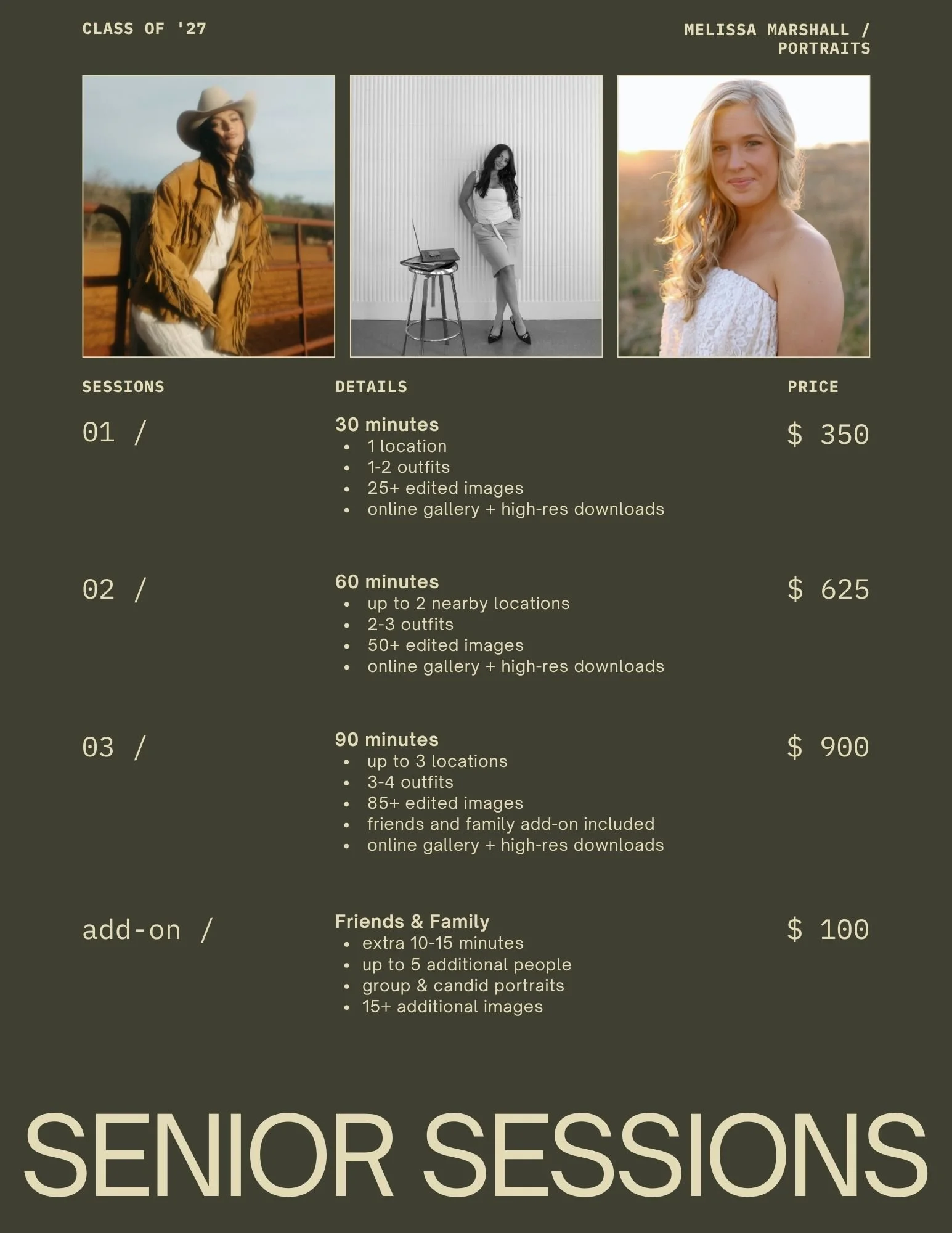 Senior portrait session pricing and details for Melissa Marshall Photography in Oklahoma City, including 30, 60, and 90 minute session options.