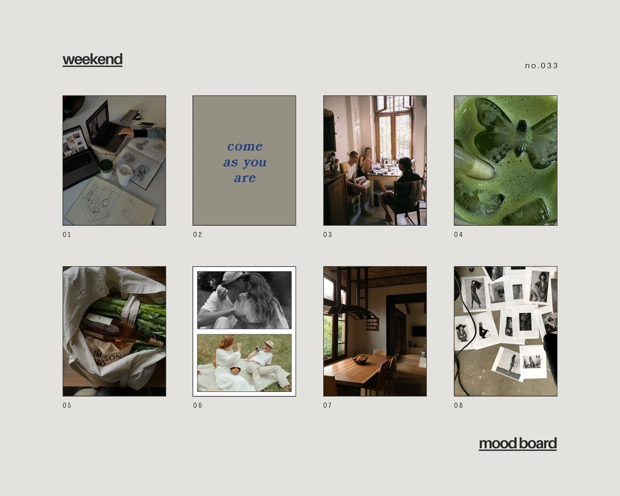 Come-as-you-are moodboard representing creativity, connection, conversation, photography, meals, and a relaxed mentorship weekend.