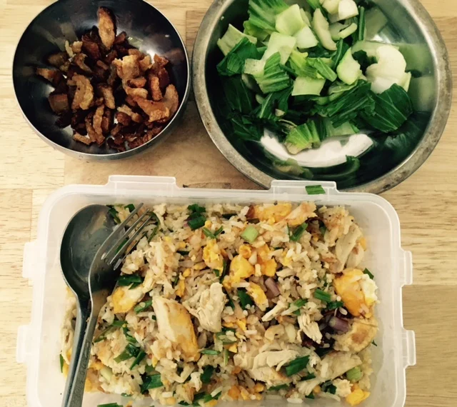 One of the yummiest meals I've made: Fried rice with vegetables and some crispy pork belly. 