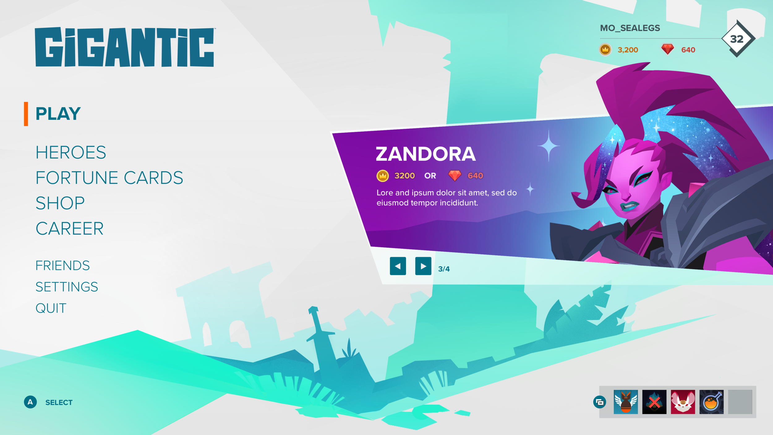 Main Menu, UX by Sam Kirk, Zandora Portrait by Lexxy Douglass