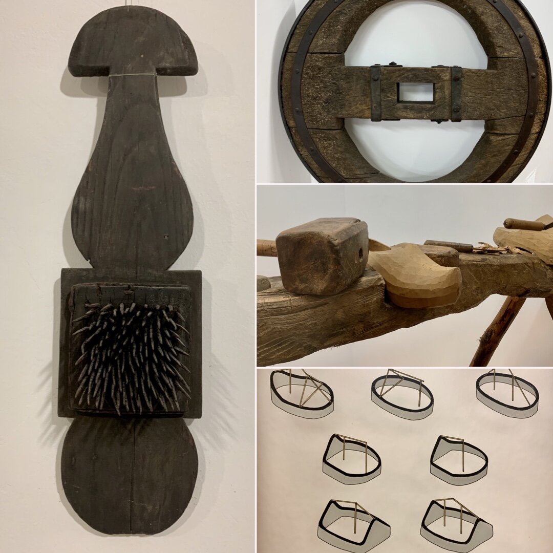 A flax carder, a wagon wheel, a clog-makers bench and traditional building forms.