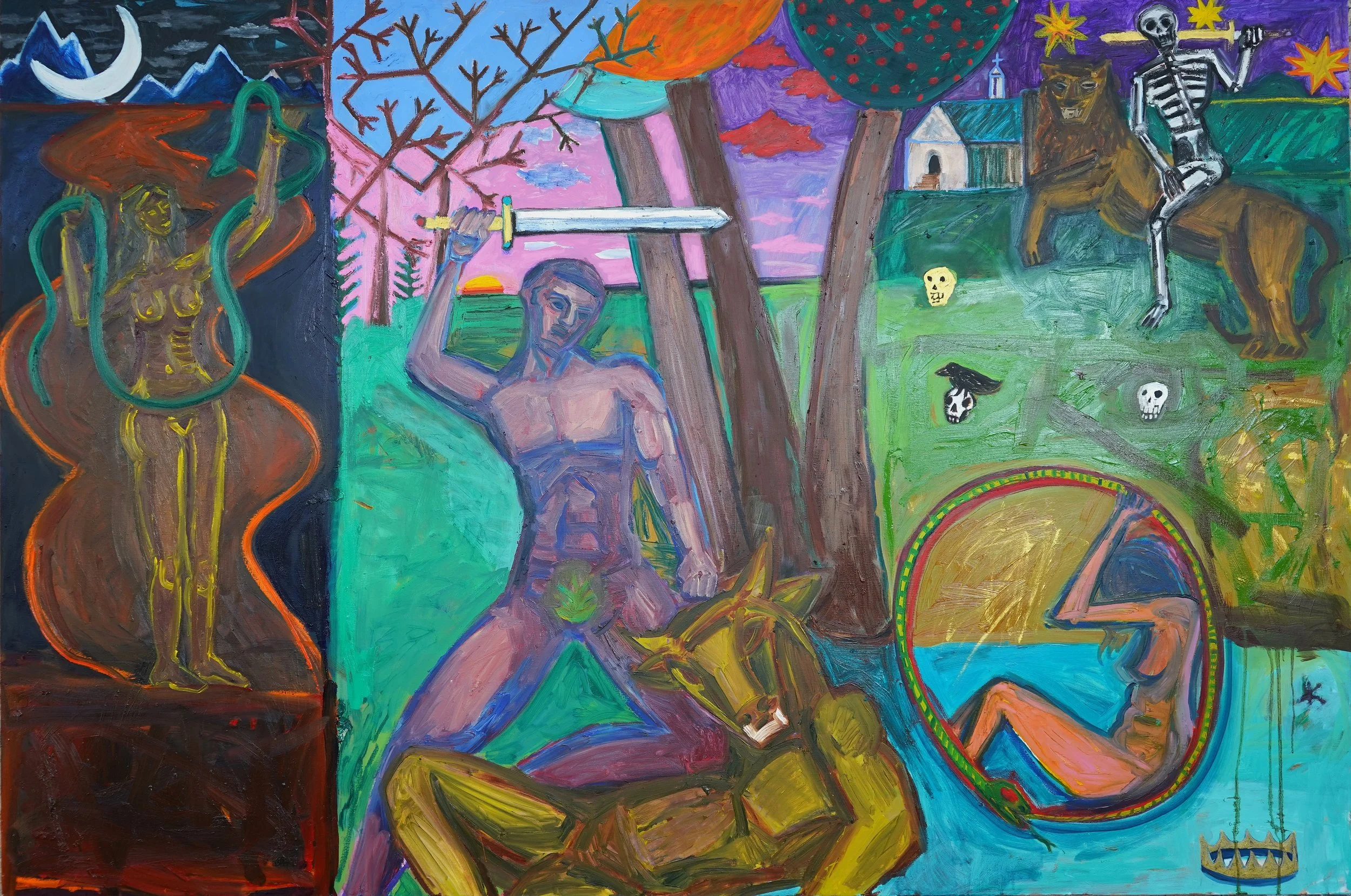 The totality of life and all its struggles, 2025, Oil on linen, 48" x 72" (121.92 x 182.88 cm)