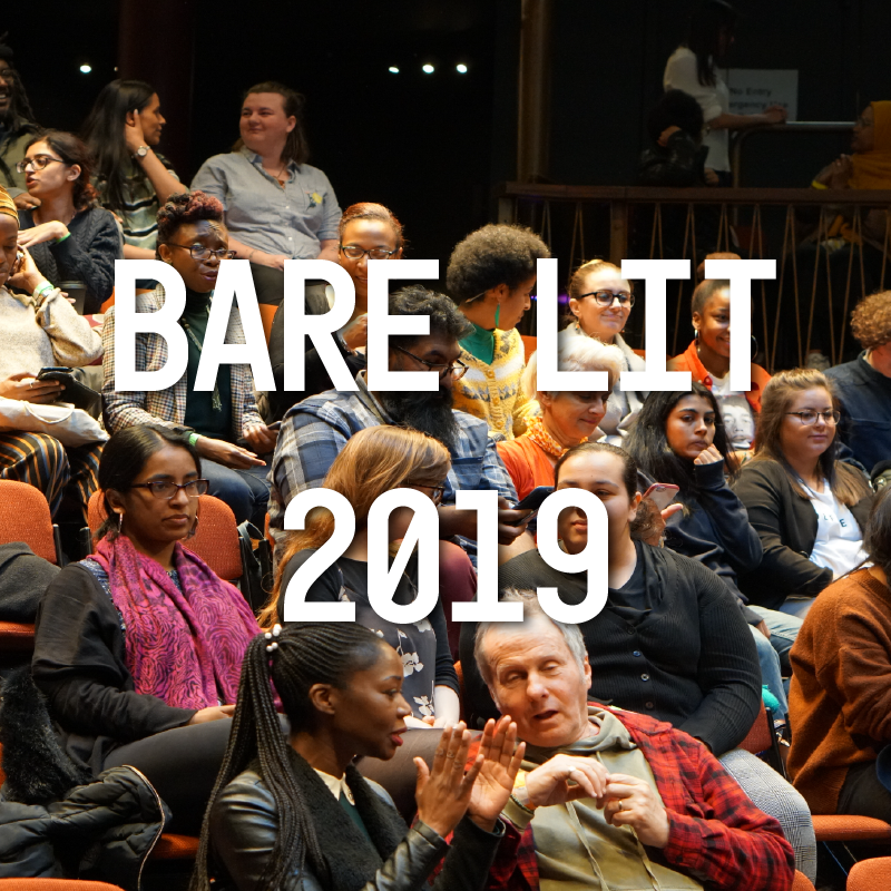 Image description: A group of people of all ages and races are in a conversation at the auditorium of Albany Theatre. Text on the image reads: "Bare Lit 2019"