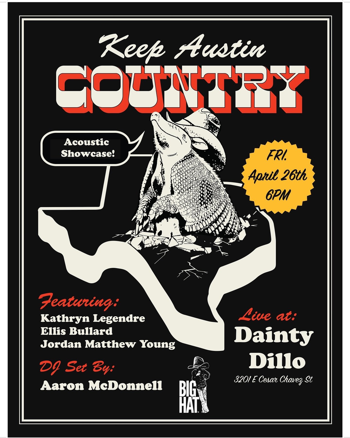 April 26, 2024 - Join us at @daintydillo this evening for a FREE @keepaustincountry showcase, @sponsored by @bighatspirits 🤠I&rsquo;ll be pickin&rsquo; with @bluebonnet_broussard from 6-6:45pm!