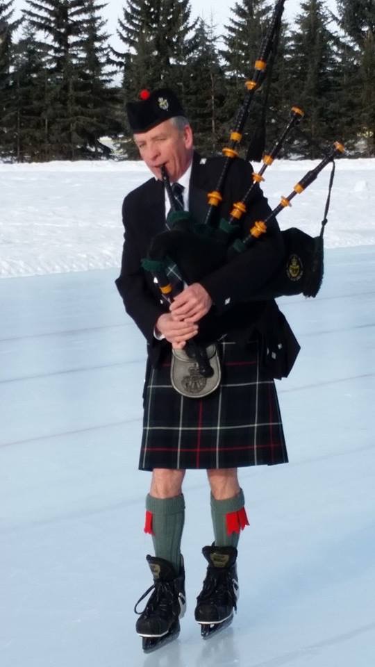 The intrepid Sandy Campbell plays the pipes in the subarctic cold of the 2015 skate.