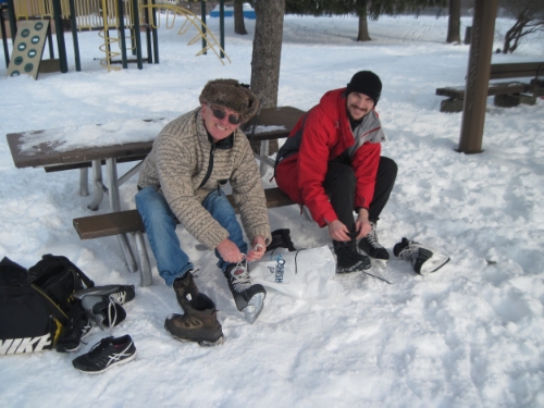 The club house is not open yet. We change our skates outdoors.