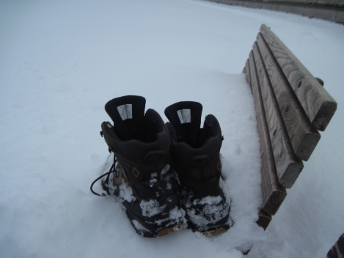 Snow was too deep to put the boots under the bench. In fact, the snow rose up over the bench.