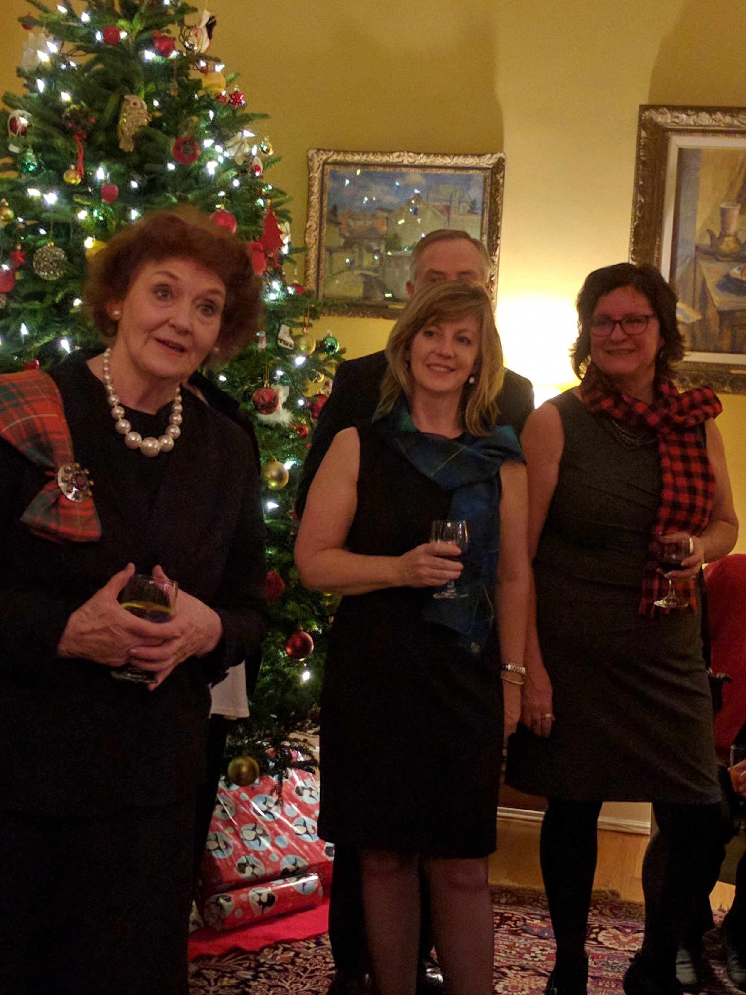 Mrs. Jenny Bruce explains the Scottish Diapora Tapestry while Heather Theoret (SSO) and Sue MacGregor (SSO) listen. Photo Don Cummer